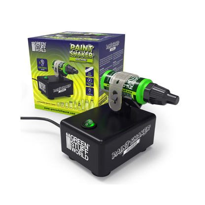 Green Stuff World Paint Shaker Machine – maszyna z butelką farby GSW obok pudełka, zielony przycisk ON/OFF, kabel 2m, widok z przodu na białym tle