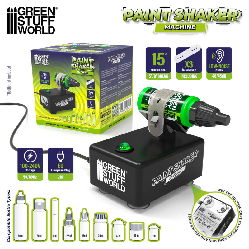 Green Stuff World Paint Shaker Machine – infografika: maszyna z butelką farby GSW, pudełko, ikony: 15 minut max, x3 akcesoria, low-noise 40/45dB, napięcie 100-240V, wtyczka EU 2m, kompatybilne butelki 10-60ml