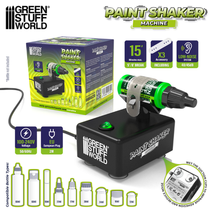 Green Stuff World Paint Shaker Machine – infografika: maszyna z butelką farby GSW, pudełko, ikony: 15 minut max, x3 akcesoria, low-noise 40/45dB, napięcie 100-240V, wtyczka EU 2m, kompatybilne butelki 10-60ml