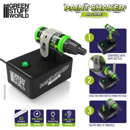 Green Stuff World Paint Shaker Machine – instrukcja obsługi: krok 1 włóż butelkę, krok 2 zacisnij uchwyt, krok 3 włącz max 15 minut; ikony: x3 akcesoria, 100-240V, wtyczka EU, low-noise 40/45dB