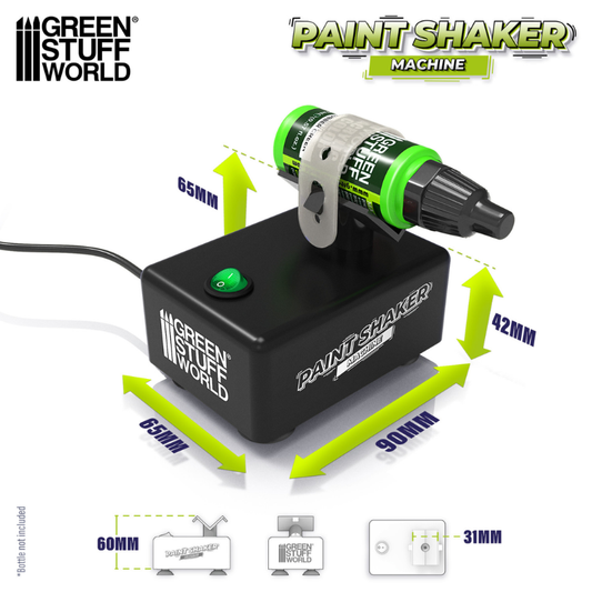 Green Stuff World Paint Shaker Machine – wymiary: podstawa 90x65mm, wysokość 42mm, ramie 65mm, wtyczka EU 31mm; przyssawki antypoślizgowe na spodzie, widok z boku