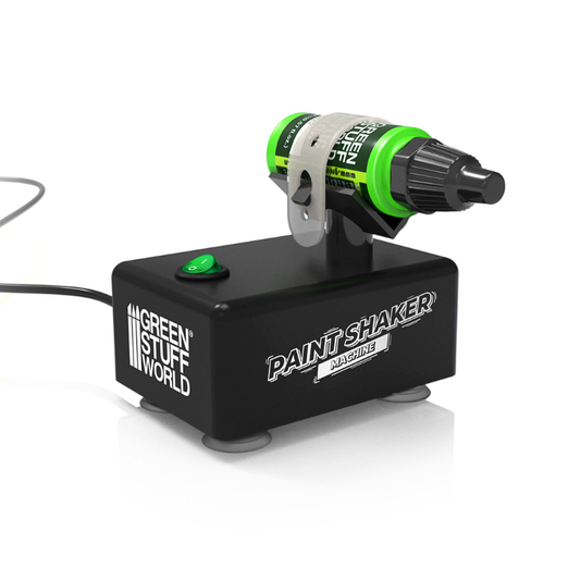 Green Stuff World Paint Shaker Machine – czarna maszyna z butelką farby GSW w uchwycie, zielony przycisk ON/OFF, przyssawki, kabel 2m, widok z boku na białym tle