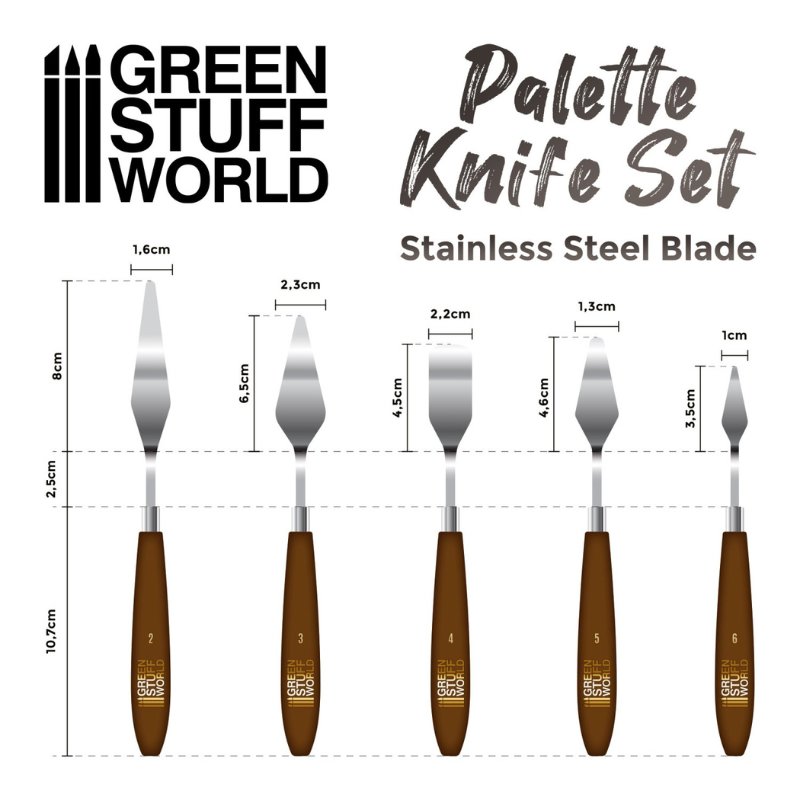 Palette Knife Set - Modeling Spatulas Tools - Green Stuff World - wymiary ostrzy