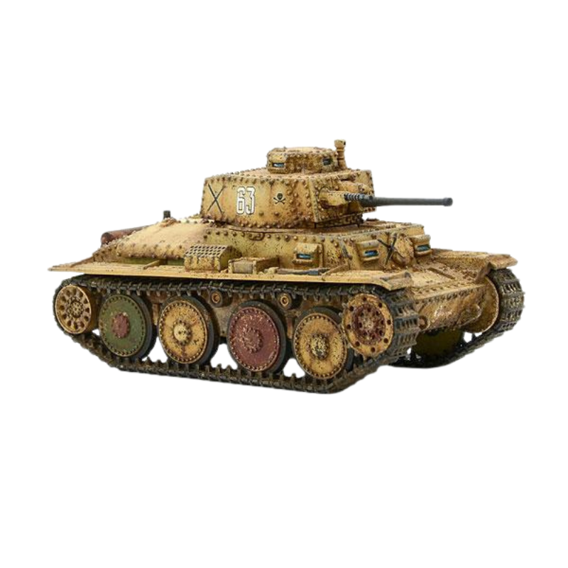 Panzer 38(t) - Bolt Action 1/56 28mm - czołg lekki z armatą 37mm KwK 38(t) w kamuflażu pustynnym numer G1 z dowódcą i efektami weathering - widok z boku z trzema czwartymi - Warlord Games