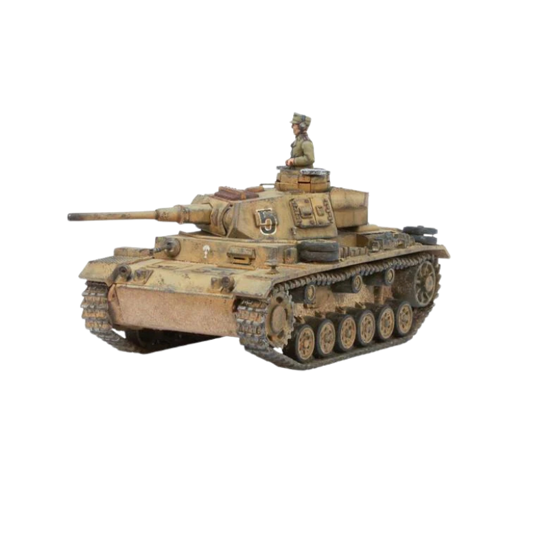 Panzer III Ausf J - Bolt Action 1/56 28mm - czołg średni z armatą 5cm KwK 38 w kamuflażu pustynnym z dowódcą - widok z boku - Warlord Games