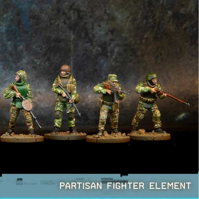 Partisan Fighter Element Spectre Miniatures – 7 figurek partyzantów w kamuflażu z bronią radziecką i niemiecką PPS-43 PPSh SKS Mosin DP-27 StG-44 MG42, 28mm widok z przodu
