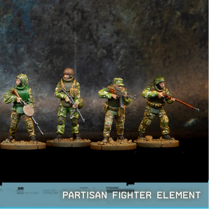 Partisan Fighter Element Spectre Miniatures – 7 figurek partyzantów w kamuflażu z bronią radziecką i niemiecką PPS-43 PPSh SKS Mosin DP-27 StG-44 MG42, 28mm widok z przodu
