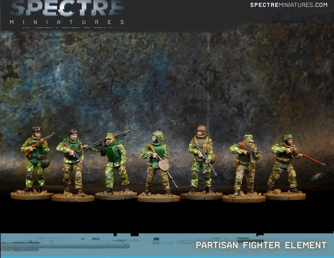Partisan Fighter Element Spectre Miniatures – 7 figurek partyzantów w kamuflażu z bronią radziecką i niemiecką PPS-43 PPSh SKS Mosin DP-27 StG-44 MG42, 28mm widok z przodu

