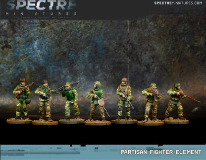 Partisan Fighter Element Spectre Miniatures – 7 figurek partyzantów w kamuflażu z bronią radziecką i niemiecką PPS-43 PPSh SKS Mosin DP-27 StG-44 MG42, 28mm widok z przodu
