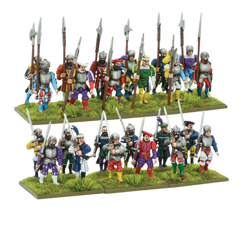 Pike & Shotte 202016002 Landsknechts with Zweihänders – 24 pomalowane figurki Landsknechtów z halabardami ustawione w dwóch rzędach na podstawkach, widok z przodu całego zestawu, skala 28mm, Pike & Shotte, Warlord Games
