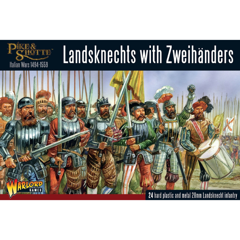 Pike & Shotte 202016002 Landsknechts with Zweihänders – okładka pudełka z ilustracją szarżujących Doppelsöldnerów z Zweihänderami i bębniarzem, napis Italian Wars 1494-1559, 24 hard plastic and metal 28mm Landsknecht infantry, Warlord Games
