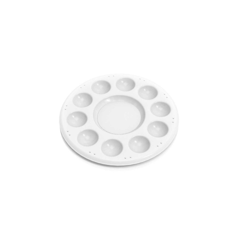 Plastic Round Mixing Palette 10 Wells - biała okrągła paleta plastikowa bez naklejki, widok perspektywiczny | Green Stuff World
