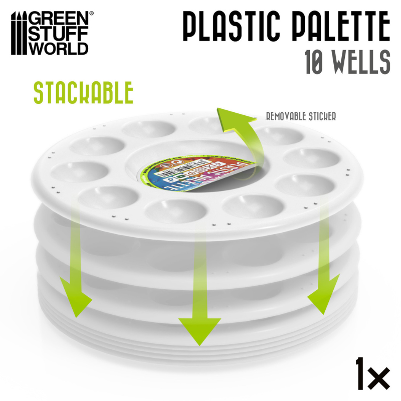 Plastic Round Mixing Palette 10 Wells - infografika: stackable, removable sticker, 4 palety ułożone na sobie | Green Stuff World

