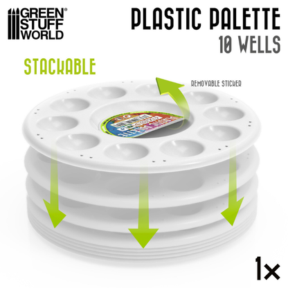 Plastic Round Mixing Palette 10 Wells - infografika: stackable, removable sticker, 4 palety ułożone na sobie | Green Stuff World
