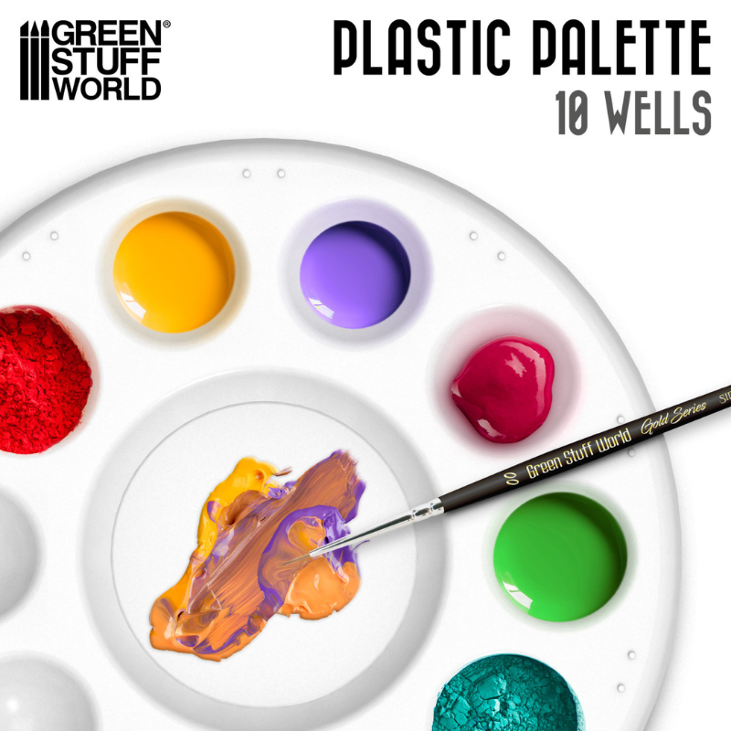 Plastic Round Mixing Palette 10 Wells - paleta z farbami akrylowymi w zagłębieniach i pędzlem Gold Series GSW, widok z góry | Green Stuff World
