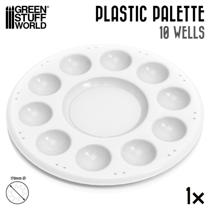 Plastic Round Mixing Palette 10 Wells - biała okrągła paleta plastikowa 170mm, widok z boku z wymiarami | Green Stuff World
