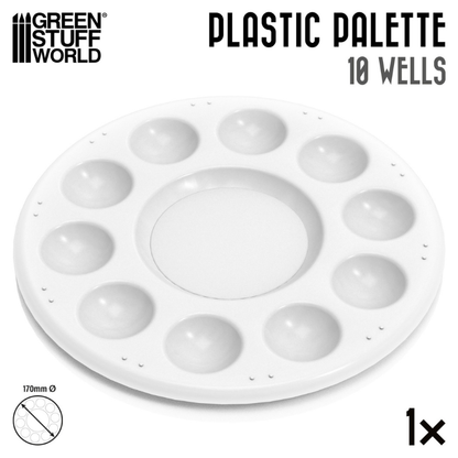 Plastic Round Mixing Palette 10 Wells - biała okrągła paleta plastikowa 170mm, widok z boku z wymiarami | Green Stuff World
