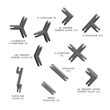 Plastic Terrain Clips Grey BSTXX019 Battle Systems - diagram 10 typów szarych klamr plastikowych z opisami widok izometryczny białe tło
