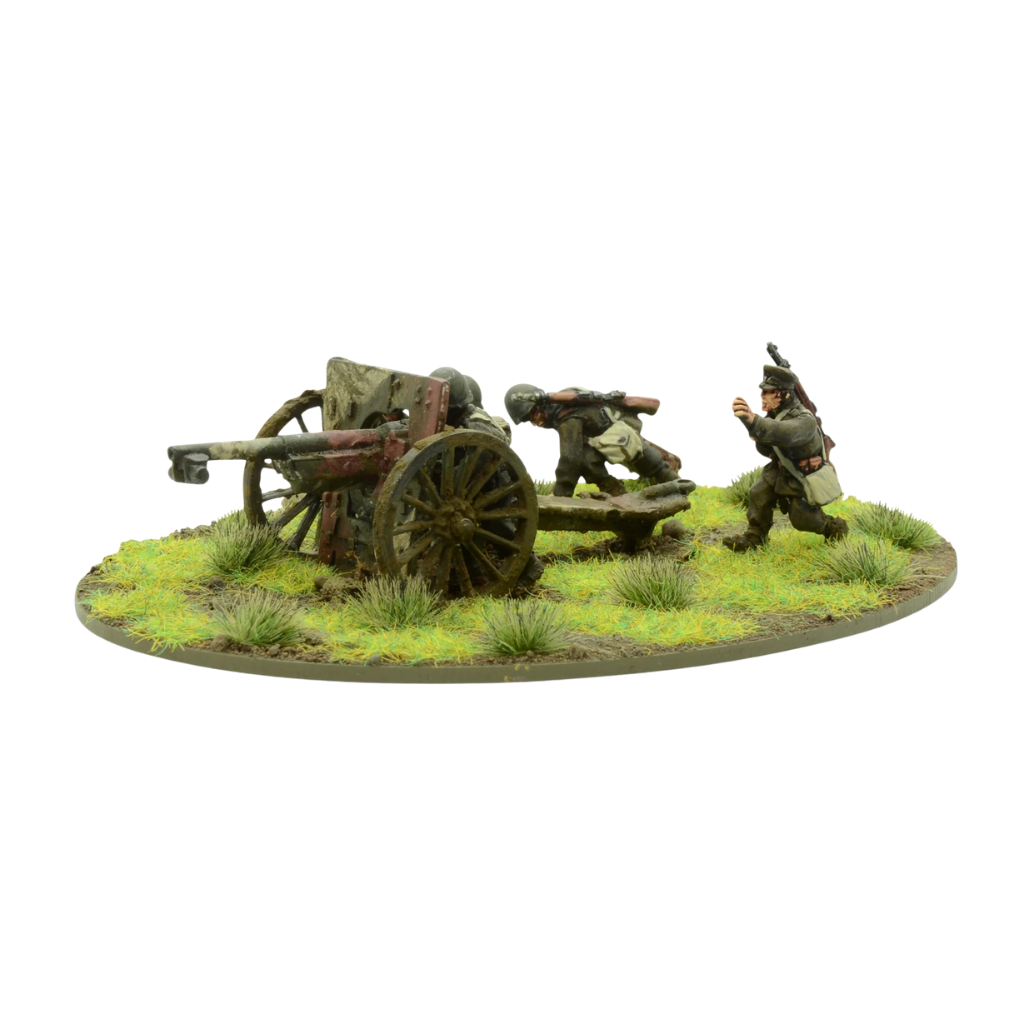 Polish Army 75mm Light Artillery – armata wz. 1897 z obsługą, widok z lewego boku, model 28mm Bolt Action Warlord Games