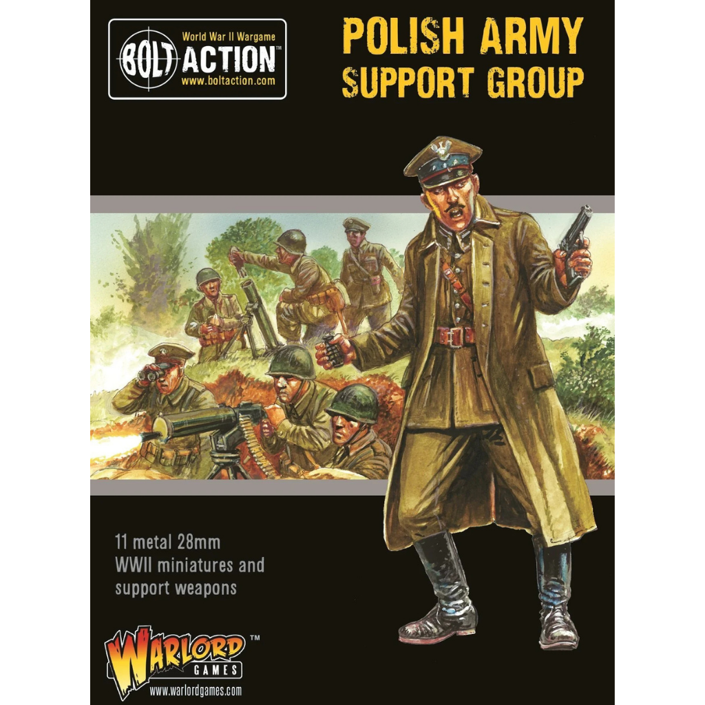 Polish Army Support Group – okładka pudełka z ilustracją polskiego oficera i sceną bitewną, 11 metalowych figurek 28mm, Bolt Action, Warlord Games
