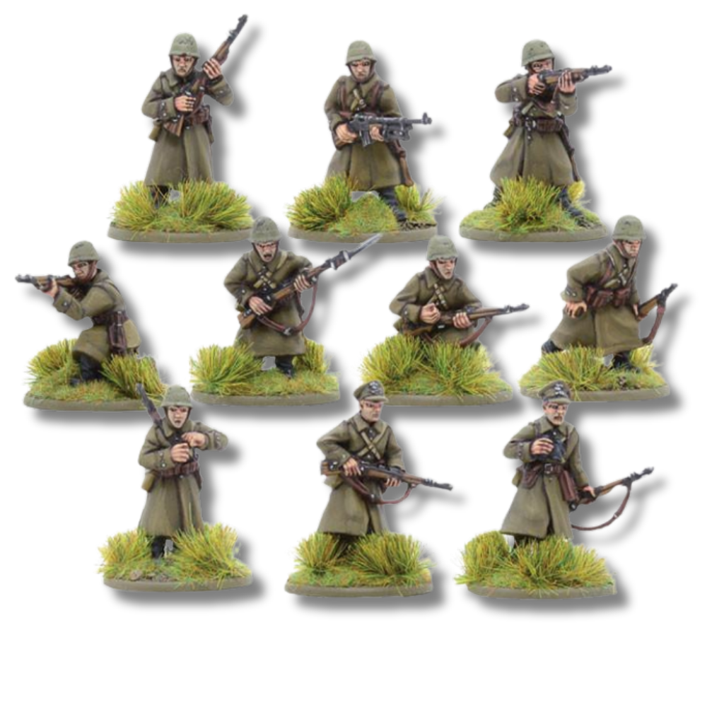 Polish Infantry Squad in Greatcoats – widok z bliska na 10 figurek polskich żołnierzy w płaszczach, skala 28mm, Bolt Action, Warlord Games
