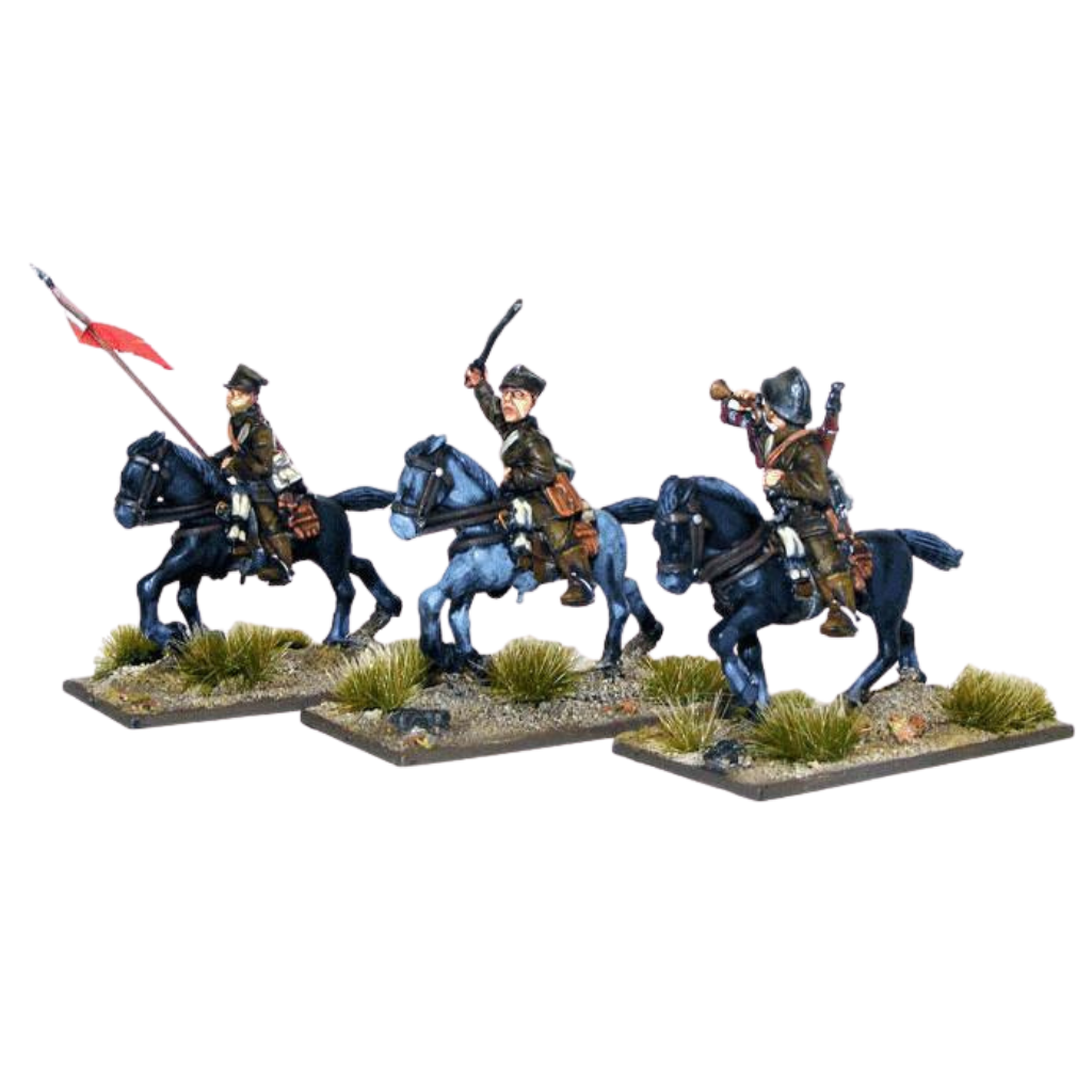 Polska Kawaleria Dowództwo – 3 metalowe figurki konno 28mm, oficer z szablą, trębacz i podoficer, Bolt Action Warlord Games
