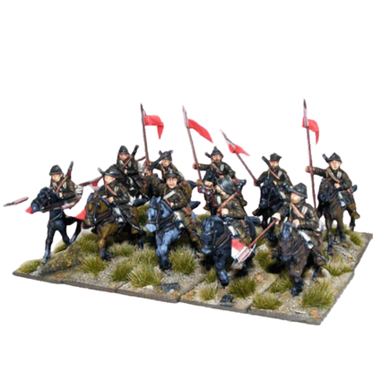 Polski Pułk Ułanów – 10 metalowych figurek kawalerii konno 28mm z lancami, widok z przodu, Bolt Action Warlord Games WGB-PI-02
