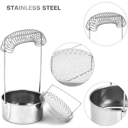 2-in-1 Portable Brush Washer & Drying Stand Golden Maple – infografika "Stainless Steel": rozłożone elementy pojemnika: sprężynowy uchwyt na pędzle (zbliżenie na sprężynę), wyjmowana siatka filtrująca (zbliżenie na perforację), okrągła misa ze stali nierdzewnej (zbliżenie na wnętrze); białe tło
