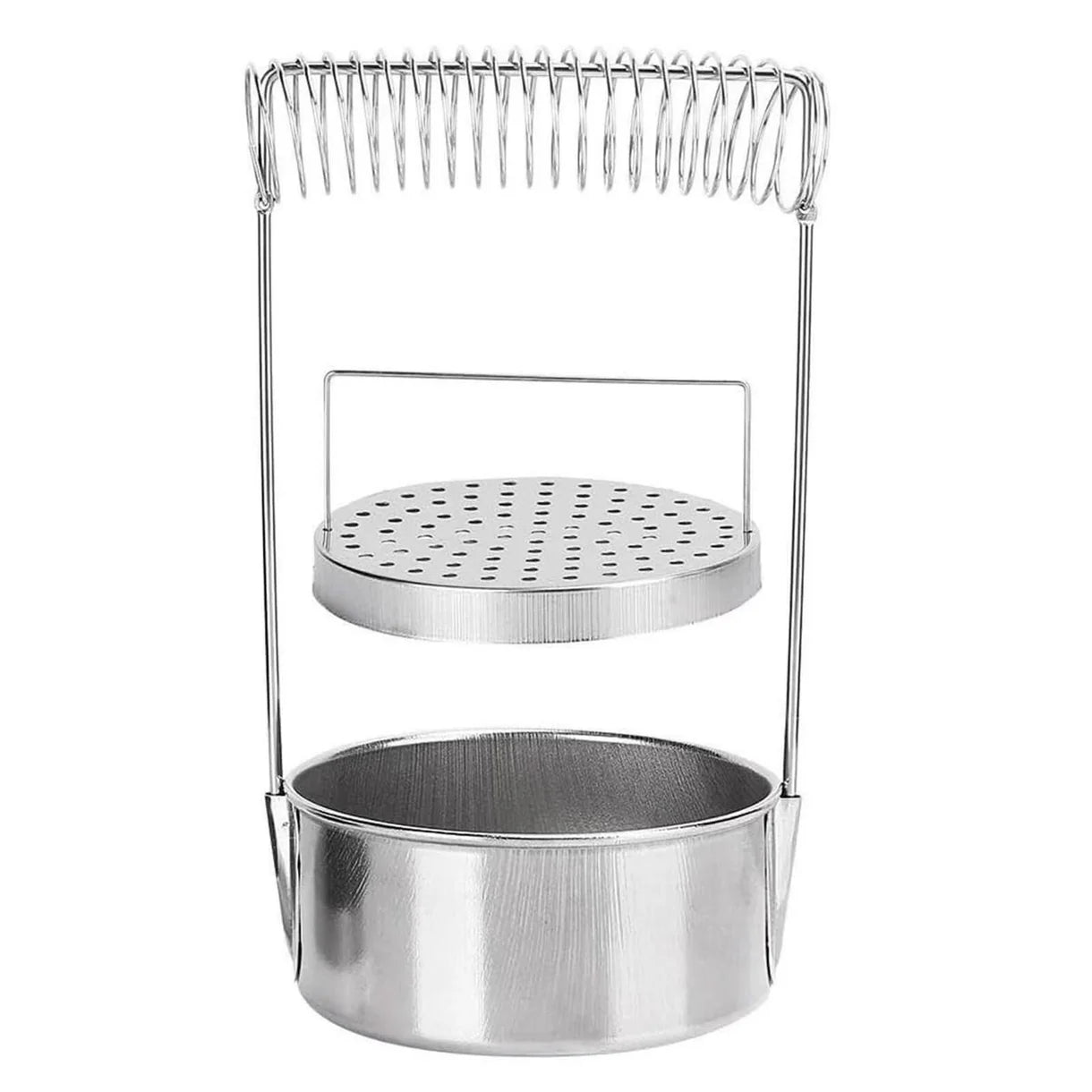 2-in-1 Portable Brush Washer & Drying Stand Golden Maple – stalowy pojemnik do mycia pędzli: widok z góry na okrągłą misę ze stali nierdzewnej z wyjmowaną siatką filtrującą wsuniętą do środka i sprężynowym uchwytem na pędzle; białe tło
