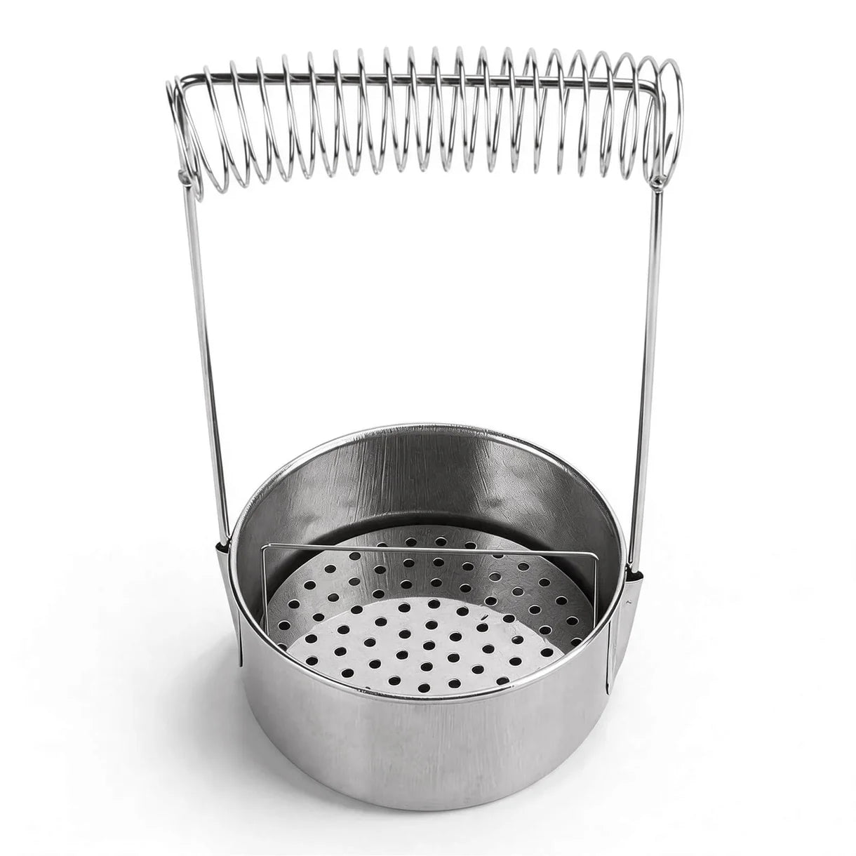 2-in-1 Portable Brush Washer & Drying Stand Golden Maple – stalowy pojemnik do mycia pędzli: widok z góry na okrągłą misę ze stali nierdzewnej z wyjmowaną siatką filtrującą wsuniętą do środka i sprężynowym uchwytem na pędzle; białe tło
