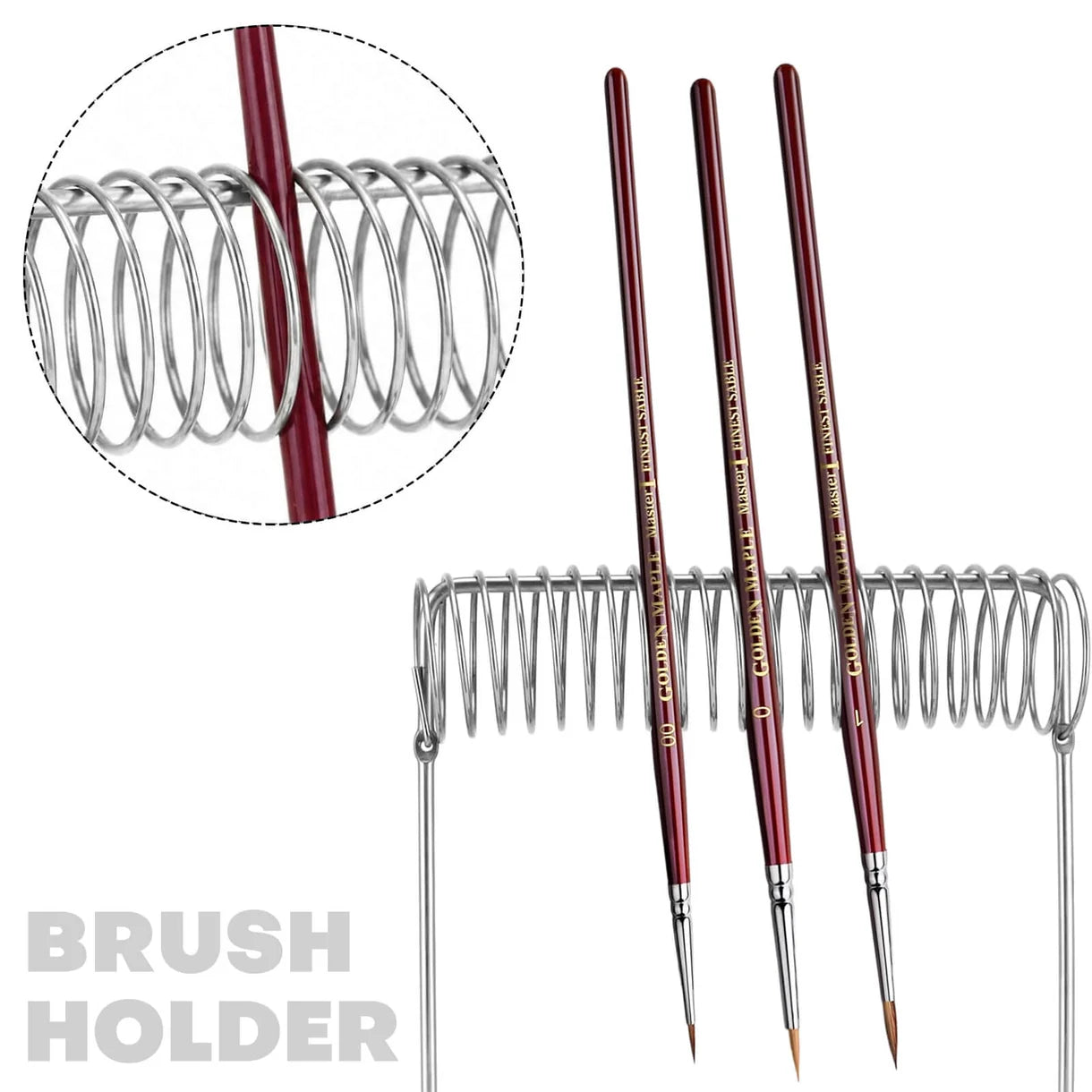 2-in-1 Portable Brush Washer & Drying Stand Golden Maple – infografika "Brush Holder": 3 pędzle Golden Maple Master I Finest Sable (rozmiary 00, 0, 1) z bordowymi rączkami wsunięte w sprężynowy uchwyt; zbliżenie na sprężynę trzymającą rączkę pędzla; białe tło

