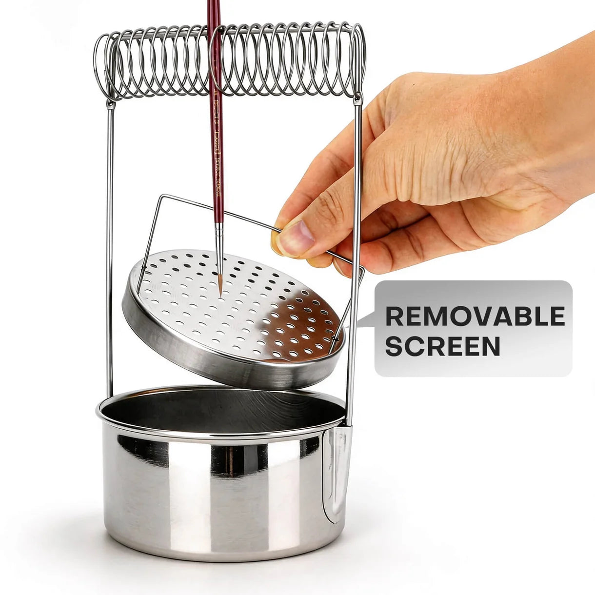2-in-1 Portable Brush Washer & Drying Stand Golden Maple – infografika "Removable Screen": dłoń unosząca wyjmowaną siatkę filtrującą z uchwytem; pędzel Golden Maple Master I zanurzony w pojemniku; napis "Removable Screen"; białe tło
