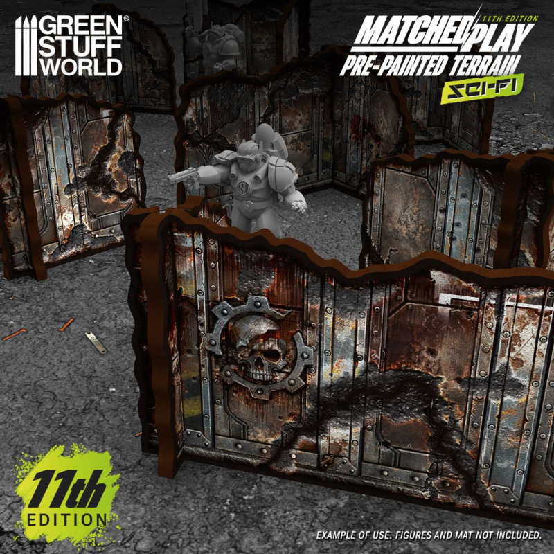 Green Stuff World Pre-painted Detachable Ruined Corner Walls 11th Edition – figurka Space Marine w osłonie narożnych ścian ruin, teren sci-fi Warhammer 40K Matched Play