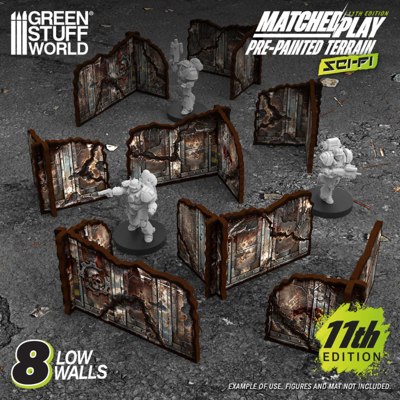 Pre-painted Detachable Ruined Corner Walls 11th Edition – 8 narożnych ścian ruin rozstawionych na stole z figurkami Space Marines, układ turniejowy 11th Edition