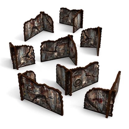 Pre-painted Detachable Ruined Corner Walls 11th Edition – 8 elementów (4 niskie + 4 wysokie) na białym tle, widok izometryczny, MDF sci-fi Green Stuff World 6958