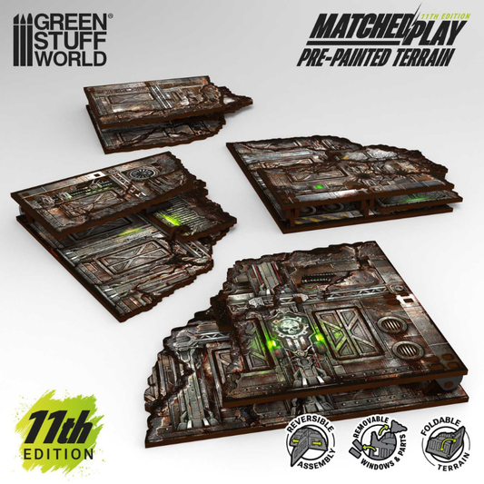 Green Stuff World Pre-painted Foldable L-Shaped Ruins 11th Edition – 4 złożone ruiny parterowe płasko spakowane, widok z góry, MDF sci-fi Matched Play
