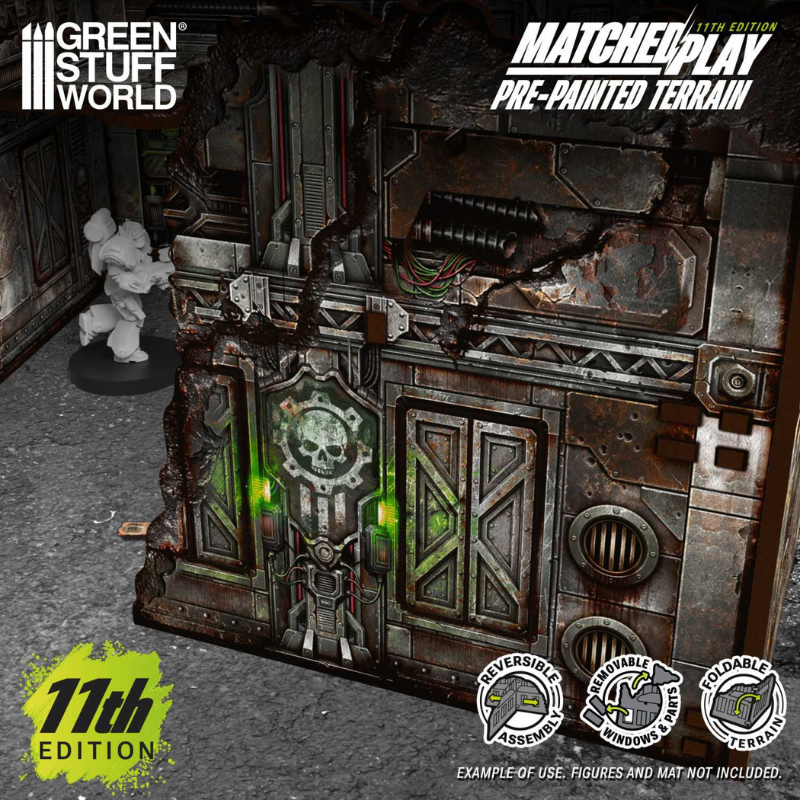 Pre-painted Foldable L-Shaped Ruins 11th Edition – złożona ruina parterowa z bliska z figurką Space Marine dla skali, grimdark sci-fi Warhammer 40K
