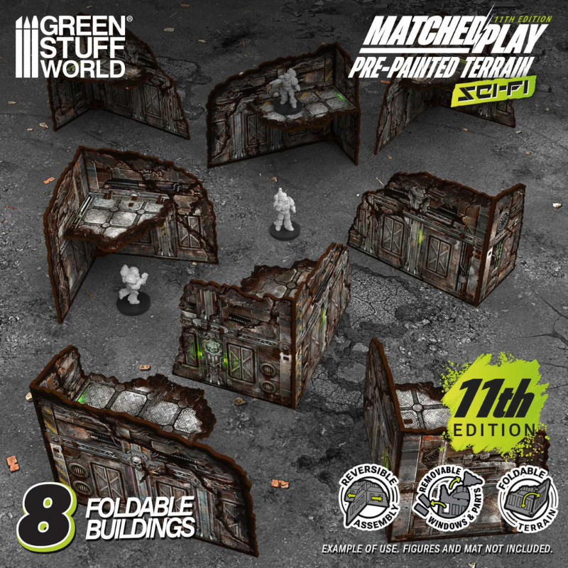 Pre-painted Foldable L-Shaped Ruins 11th Edition – 8 złożonych ruin rozstawionych na stole z figurkami, układ turniejowy Matched Play 11th Edition
