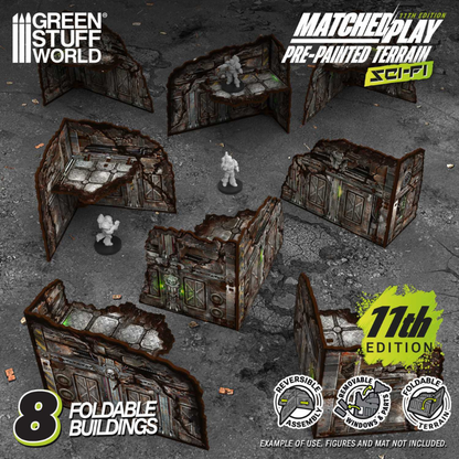 Pre-painted Foldable L-Shaped Ruins 11th Edition – 8 złożonych ruin rozstawionych na stole z figurkami, układ turniejowy Matched Play 11th Edition
