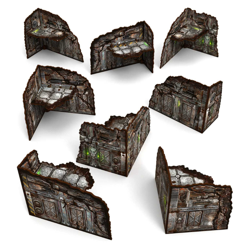Pre-painted Foldable L-Shaped Ruins 11th Edition – 8 ruin parterowych w kształcie L na białym tle, widok izometryczny, Green Stuff World 6959
