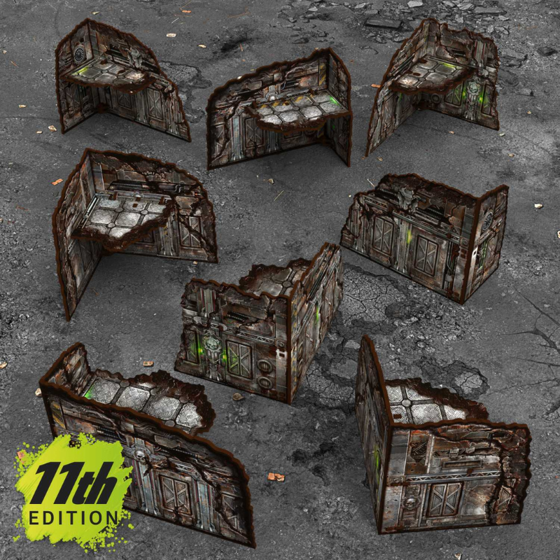 Pre-painted Foldable L-Shaped Ruins 11th Edition – 8 ruin parterowych rozstawionych na szarym tle, widok izometryczny, teren sci-fi 28-32mm
