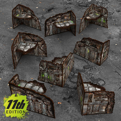 Pre-painted Foldable L-Shaped Ruins 11th Edition – 8 ruin parterowych rozstawionych na szarym tle, widok izometryczny, teren sci-fi 28-32mm
