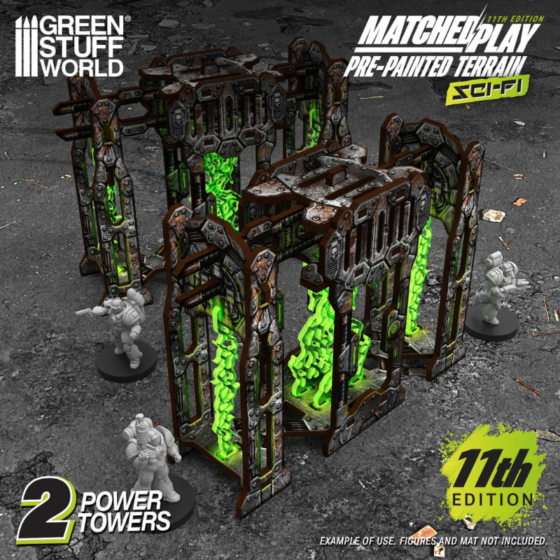Green Stuff World Pre-painted Power Towers 11th Edition – 2 wieże energetyczne z figurkami Space Marines dla skali, fluorescencyjne zielone detale, teren sci-fi Matched Play