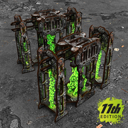 Pre-painted Power Towers 11th Edition – 2 wieże energetyczne na szarym tle z logo 11th Edition, widok izometryczny, teren sci-fi 28-32mm