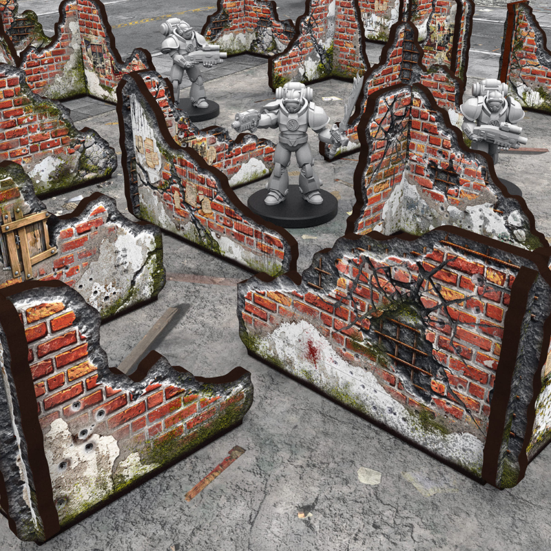 Pre-painted Ruined Brick Walls – ceglane ściany ruin z figurkami Space Marines w scenerii urban, widok z bliska na teksturę cegły i efekty weatheringu