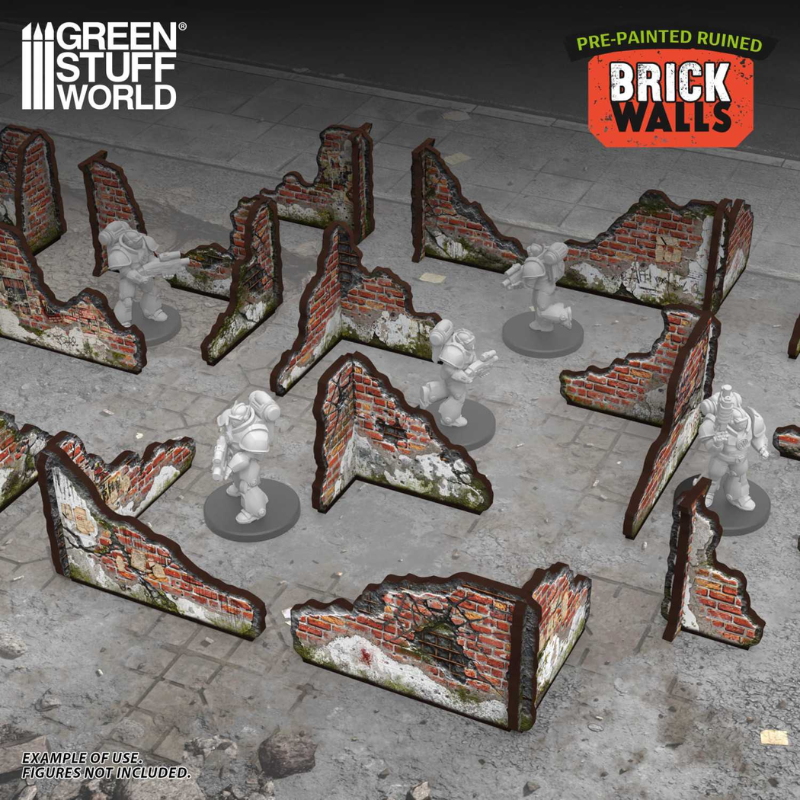 Green Stuff World Pre-painted Ruined Brick Walls – 16 ceglanych ścian ruin rozstawionych na stole z figurkami Space Marines, sceneria urban tabletop 28mm