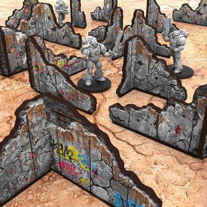 Pre-painted Ruined Concrete Walls – betonowe ściany ruin z graffiti i figurkami Space Marines, widok z bliska na teksturę betonu i efekty weatheringu, sceneria 28mm