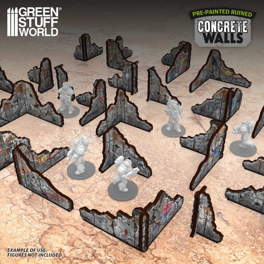 Green Stuff World Pre-painted Ruined Concrete Walls – 16 betonowych ścian ruin z graffiti rozstawionych na stole z figurkami Space Marines, sceneria urban tabletop 28mm