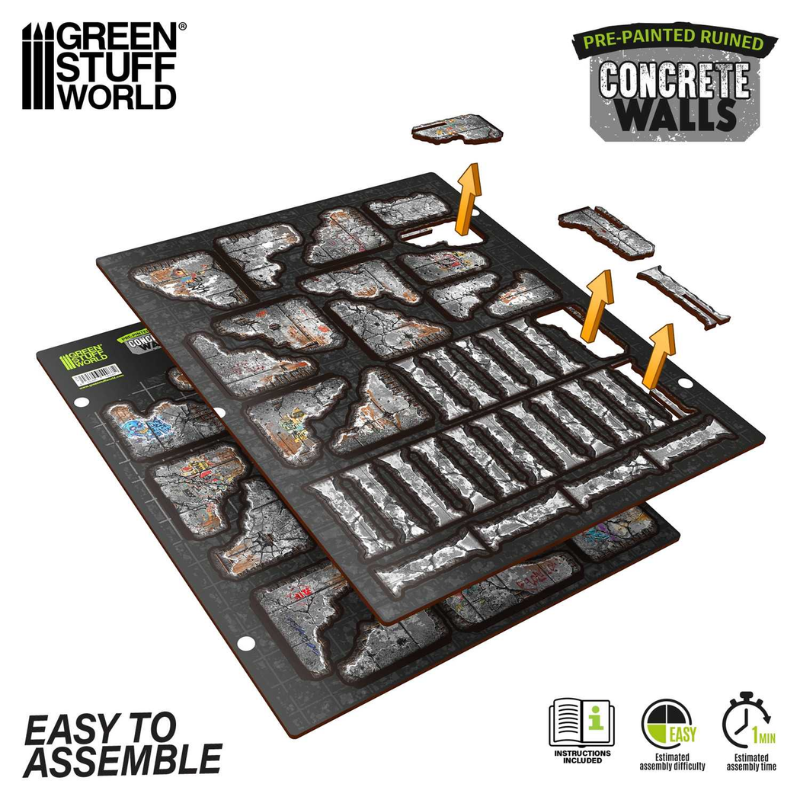 Pre-painted Ruined Concrete Walls – 2 arkusze MDF z wyciętymi elementami 16 ścian, system interlocking easy to assemble, czas montażu 1 minuta