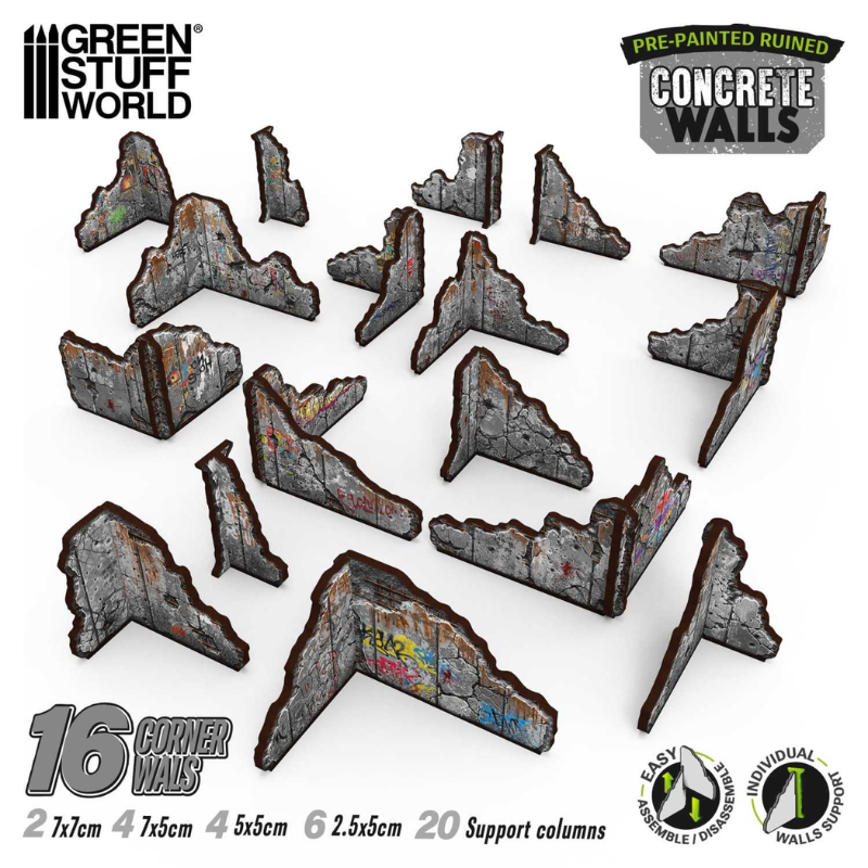 Pre-painted Ruined Concrete Walls – 16 narożnych ścian ruin na białym tle: 2x7x7cm, 4x7x5cm, 4x5x5cm, 6x2,5x5cm + 20 kolumn podporowych, MDF Green Stuff World 6708